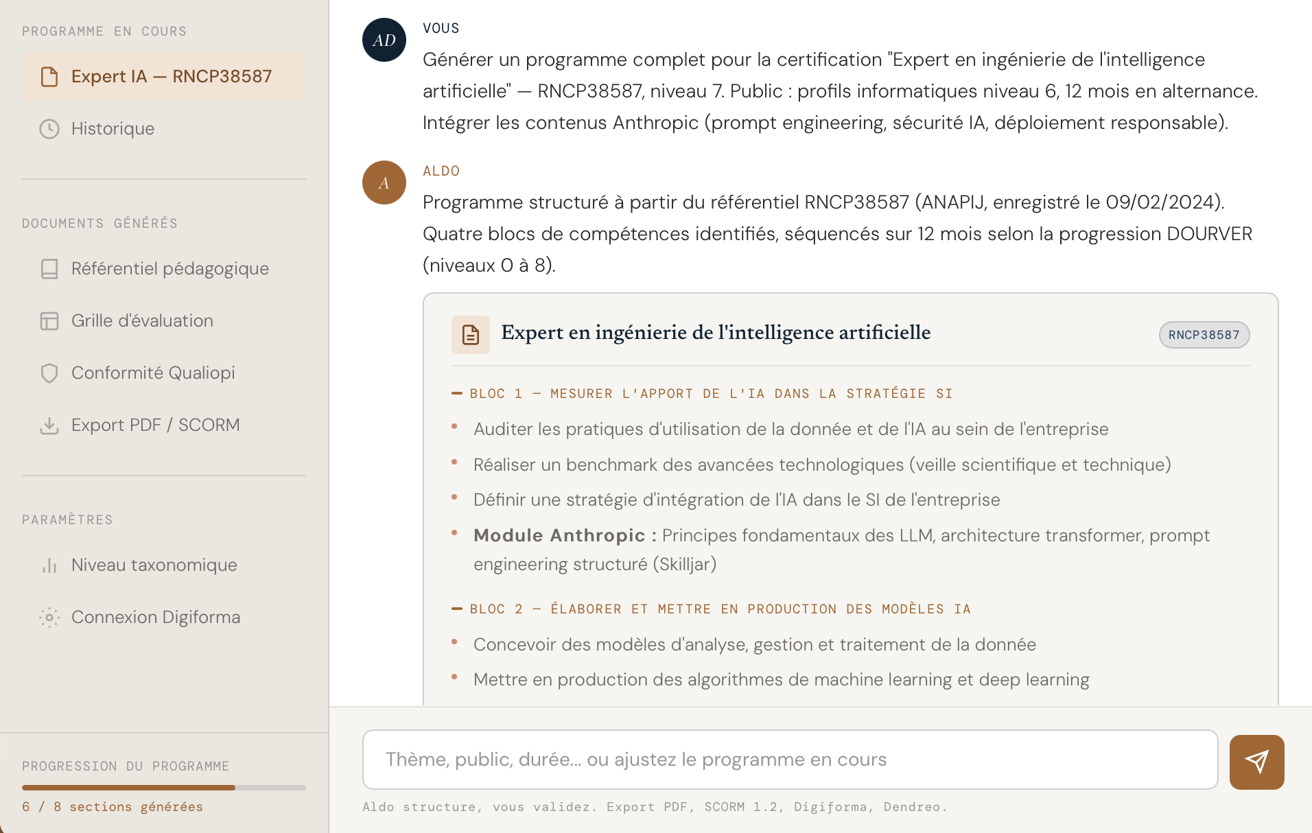 Interface ALDO, conception de programme pédagogique